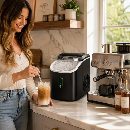 Woman preparing an iced coffee using the InnoDeviceHub AeroIce Countertop Nugget Ice Maker.