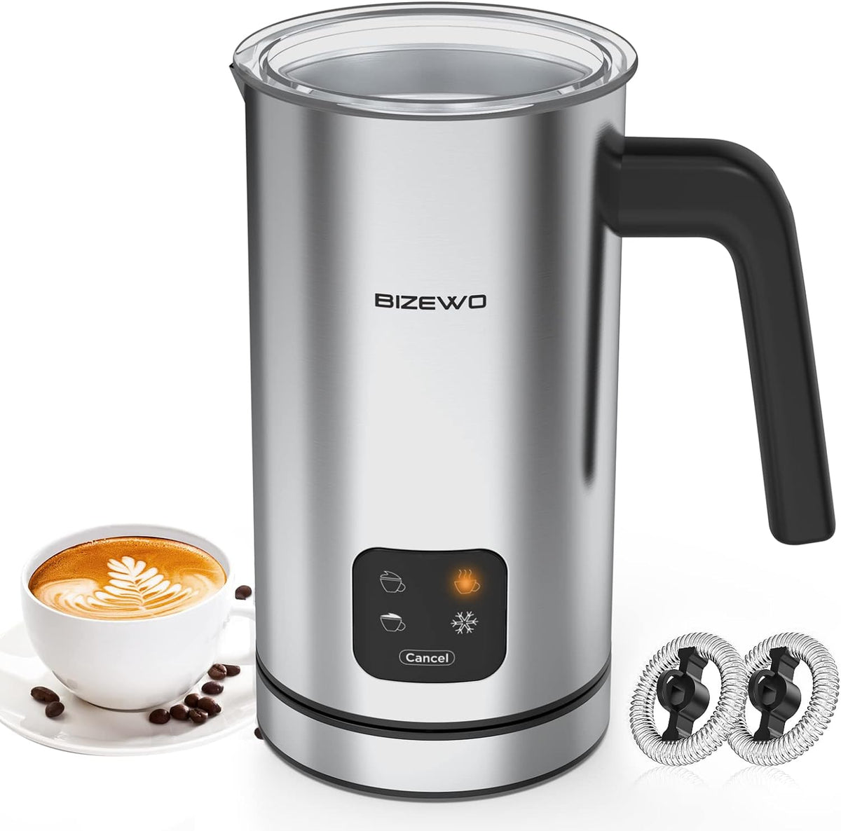 BIZEWO 4-in-1 Smart Touch Electric Milk Frother and Steamer in Matte Black with LED Display