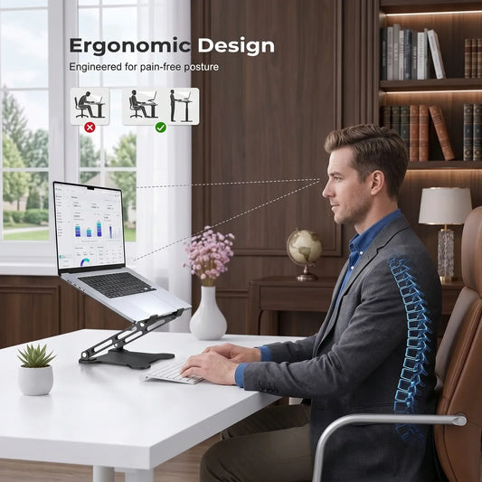 Ergonomic laptop stand promoting pain-free posture with adjustable height for home office setup
