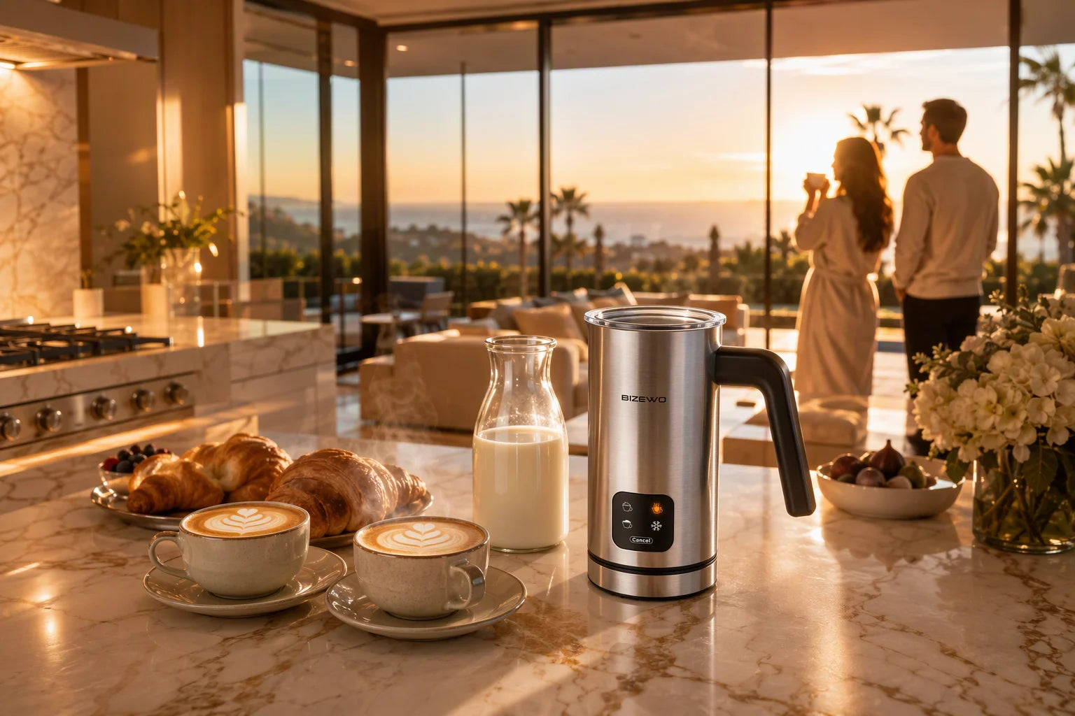 BIZEWO 4-in-1 Smart Touch Electric Milk Frother & Steamer – LED Temperature Display & Automatic Cold Foam Maker
