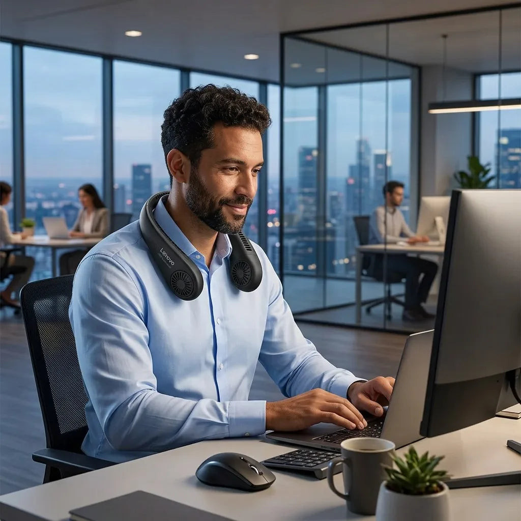 Lifestyle: Office professional using black Lenovo Neck Fan in a modern workspace