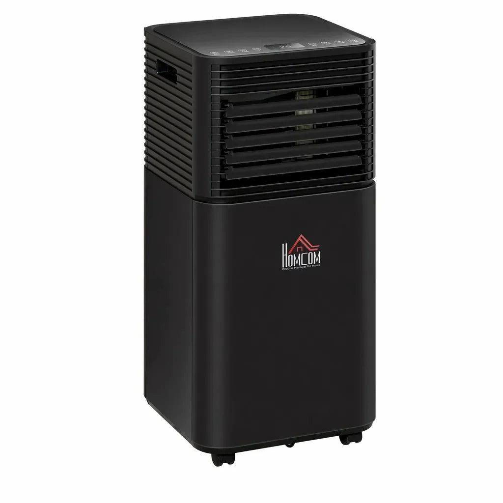 Black portable air conditioner with digital controls and wheels, ideal for home cooling