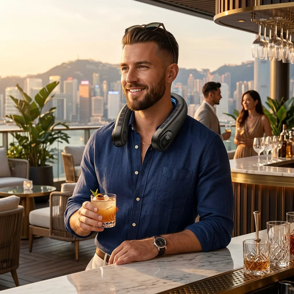 Lifestyle: Professional man staying cool at a luxury city rooftop lounge with 2S Pro AC
