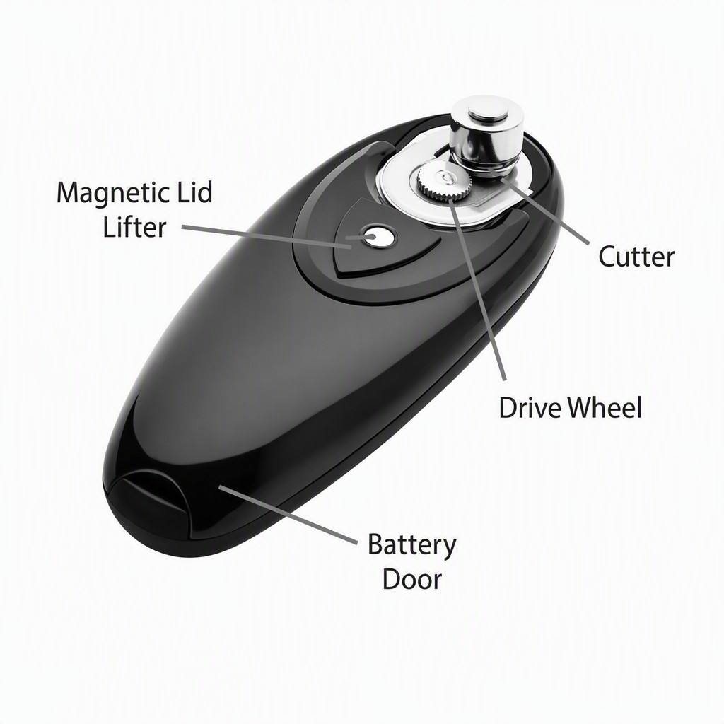Diagram of a black electronic pill cutter showing the magnetic lid lifter, cutter, and battery door.