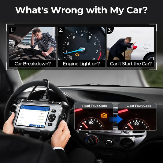 AD500 automotive scan tool showing 5-inch touchscreen display