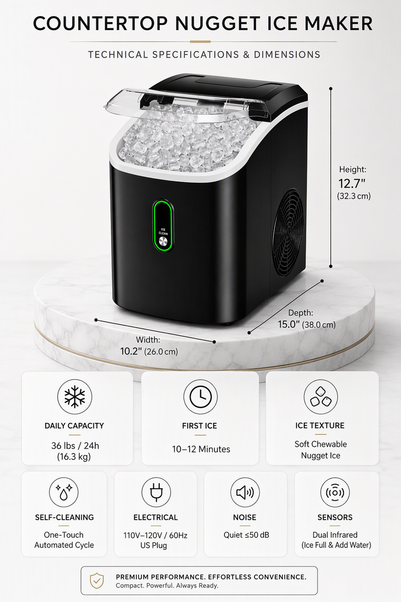 AeroIce™ 36lb Countertop Nugget Ice Maker – Self-Cleaning Chewable Pebble Ice Machine with 10-Min Fast Ice