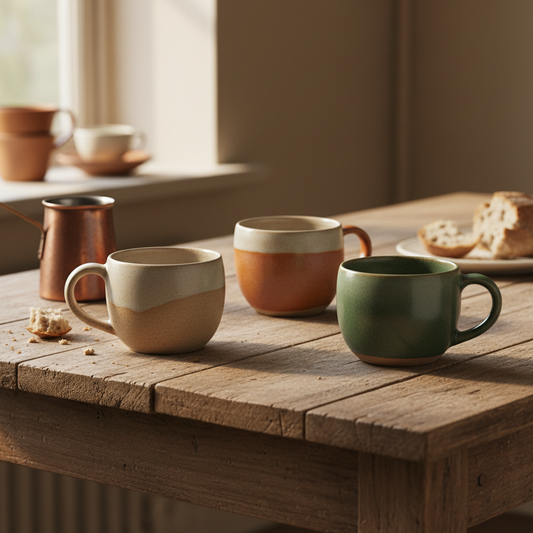 Close-up of handcrafted ceramic mugs on a wooden table with soft morning light