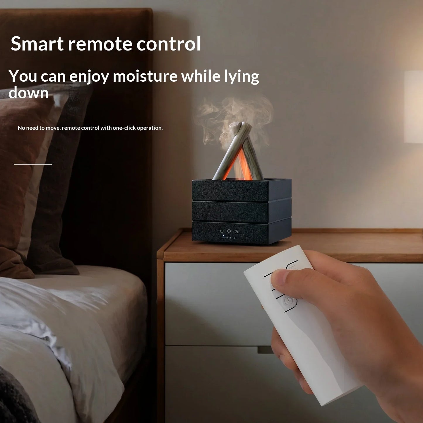 Smart humidifier with remote control emitting mist beside bed, ideal for cozy bedroom comfort and easy one-click operation.