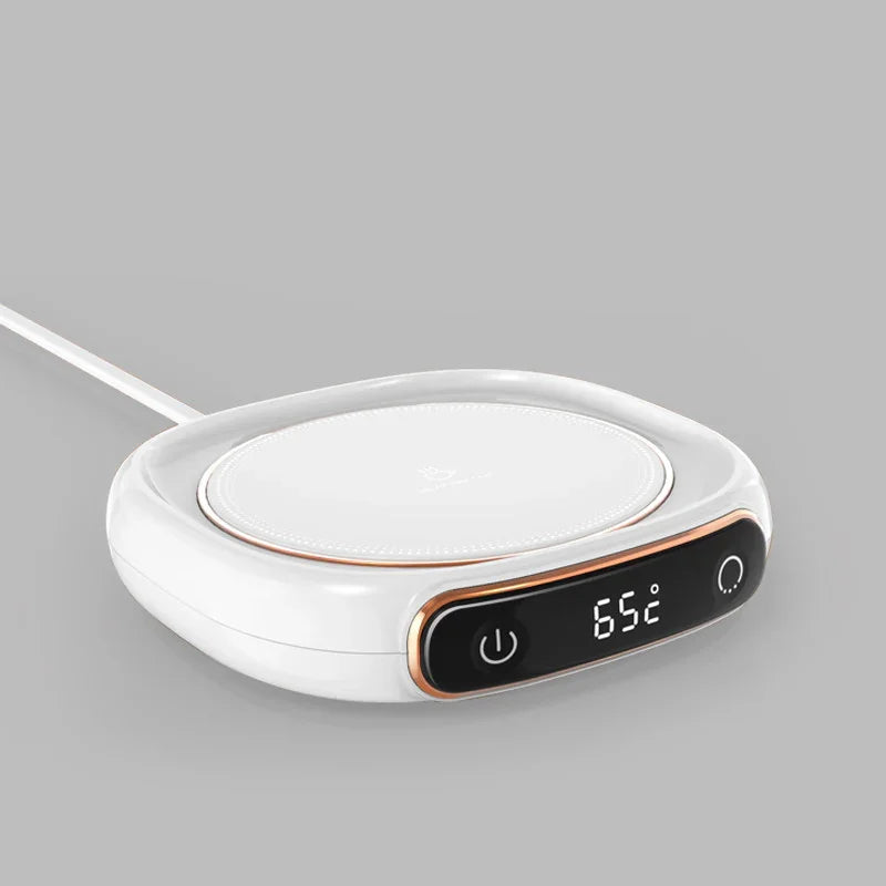 Smart 65°C USB mug warmer with digital display and power button, ideal for coffee or tea
