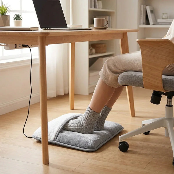 Woman using electric heated foot warmer pad under desk in cozy home office setting.