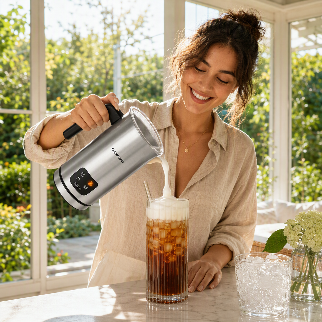 BIZEWO 4-in-1 Smart Touch Electric Milk Frother & Steamer – LED Temperature Display & Automatic Cold Foam Maker