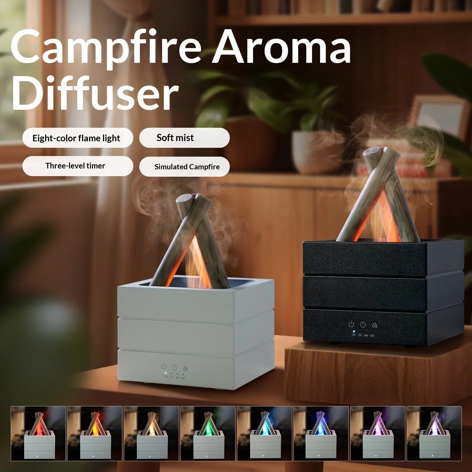 Campfire aroma diffuser with 8-color flame light, soft mist, and simulated campfire effect for cozy home ambiance