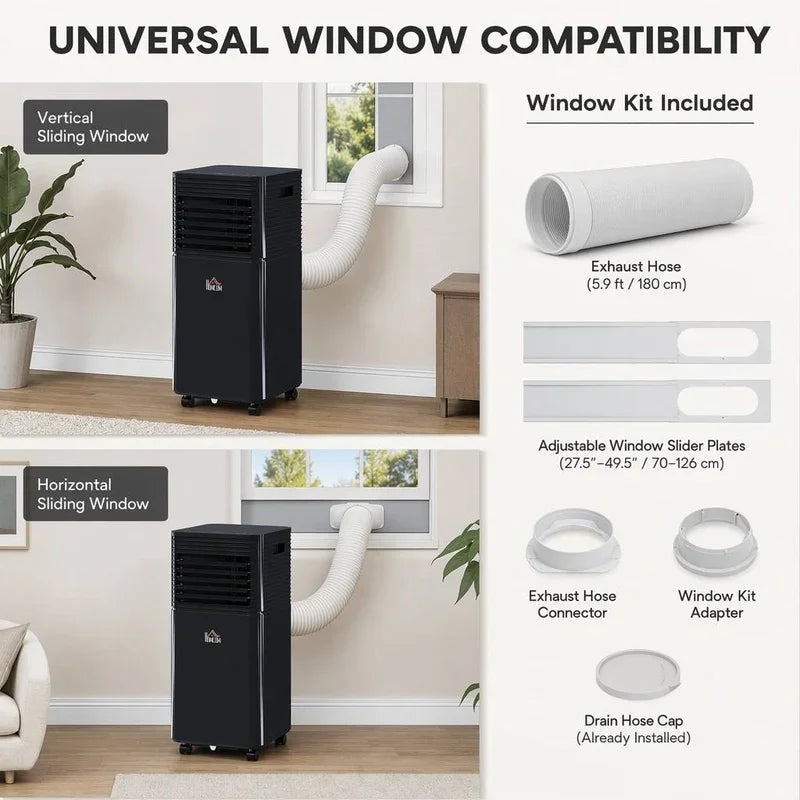 Portable air conditioner with window kit for vertical and horizontal sliding windows, includes exhaust hose and adapters