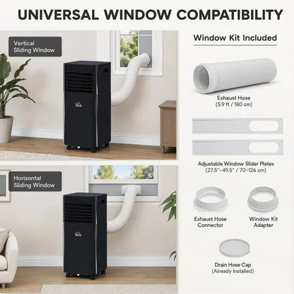 Portable air conditioner with window kit for vertical and horizontal sliding windows, includes exhaust hose and adapters