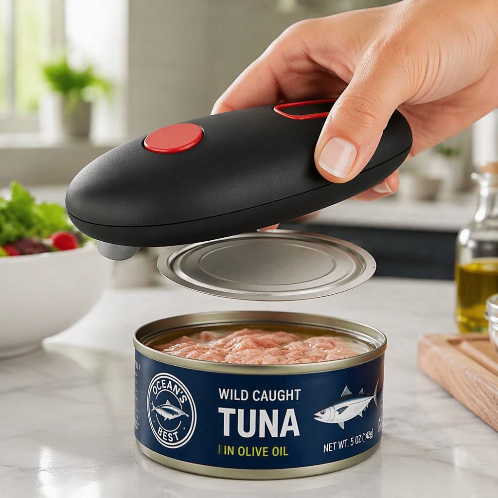 Hand using a black automatic electric can opener to open a can of wild caught tuna.