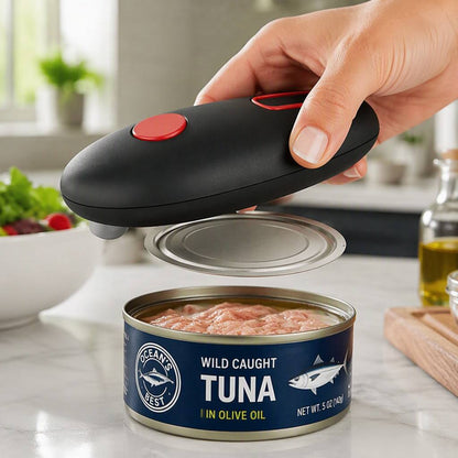Hand using a black automatic electric can opener to open a can of wild caught tuna.