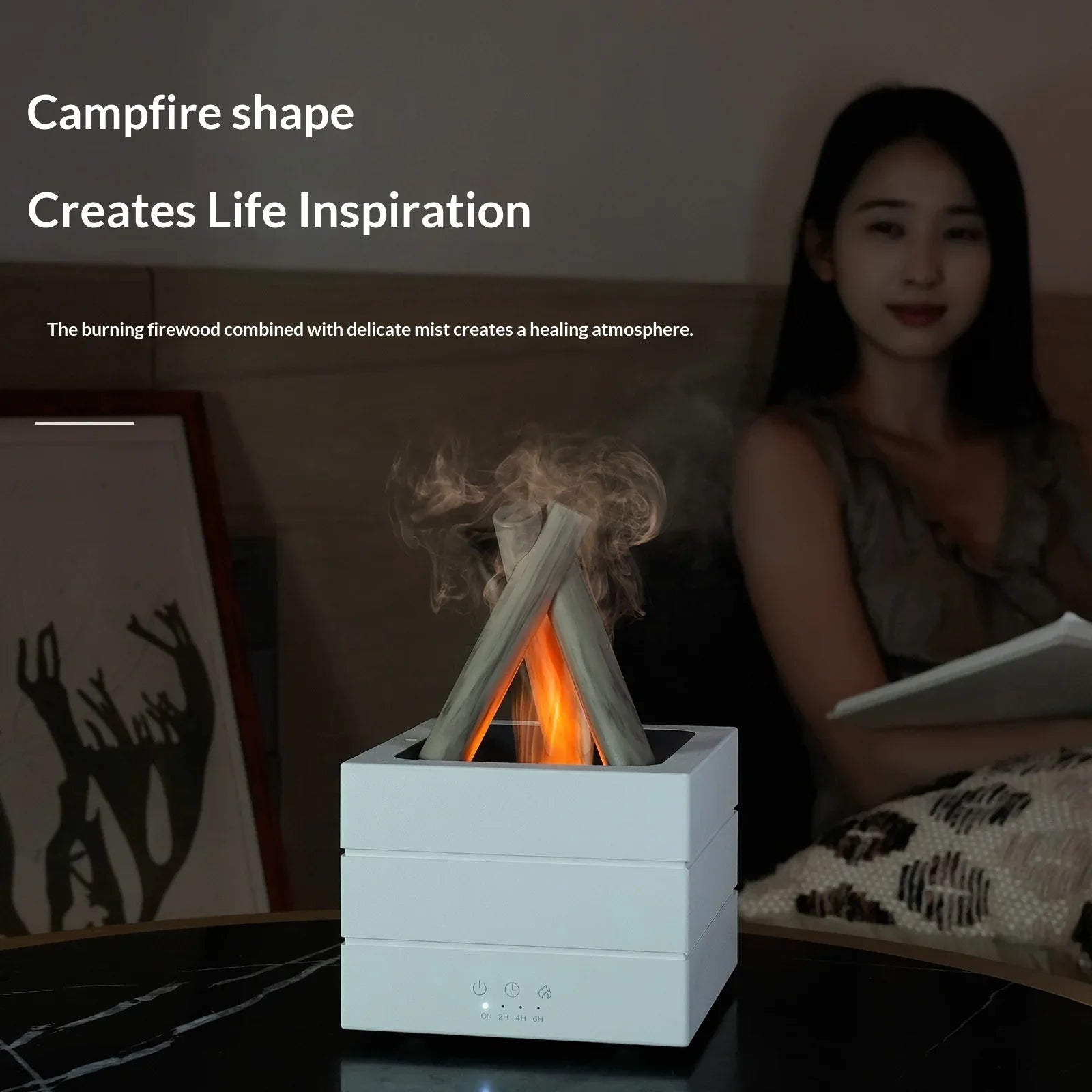 Campfire-shaped aroma diffuser with warm glow and mist, creating cozy ambiance for relaxation