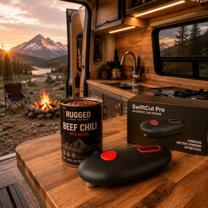 SwiftCut Pro automatic can opener with a can of beef chili on a camper van wooden counter.