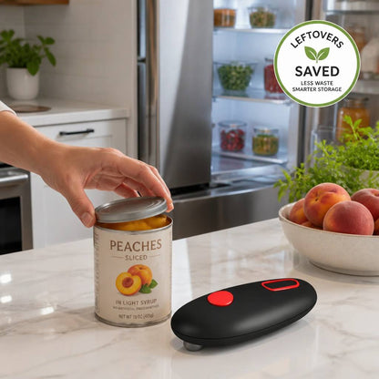 A person using an automatic electric can opener to open a can of sliced peaches in a kitchen.