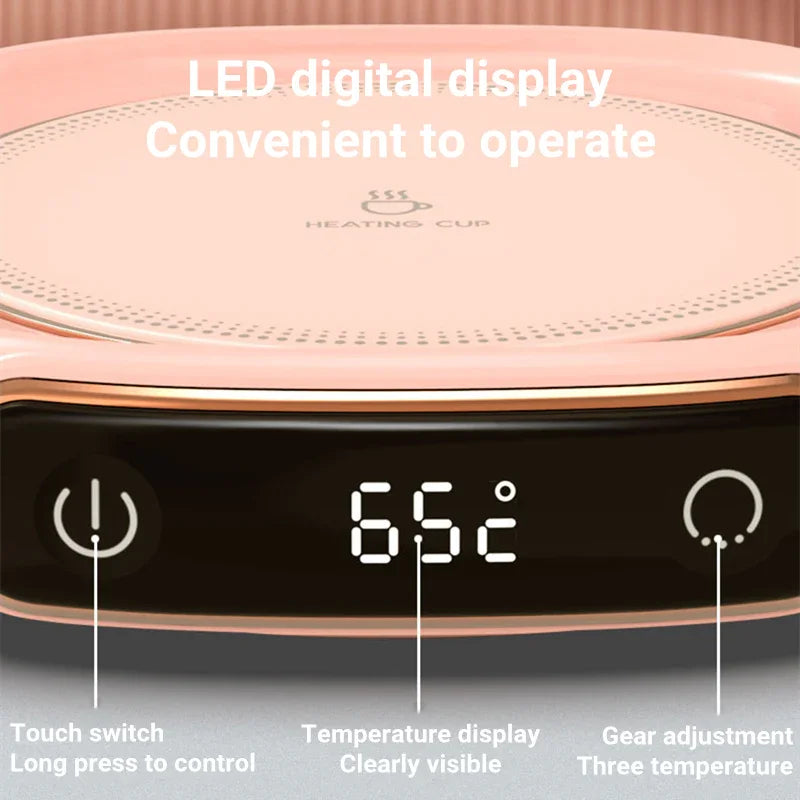 Pink smart cup warmer with LED temp display, touch controls, and 3 heat settings for beverages