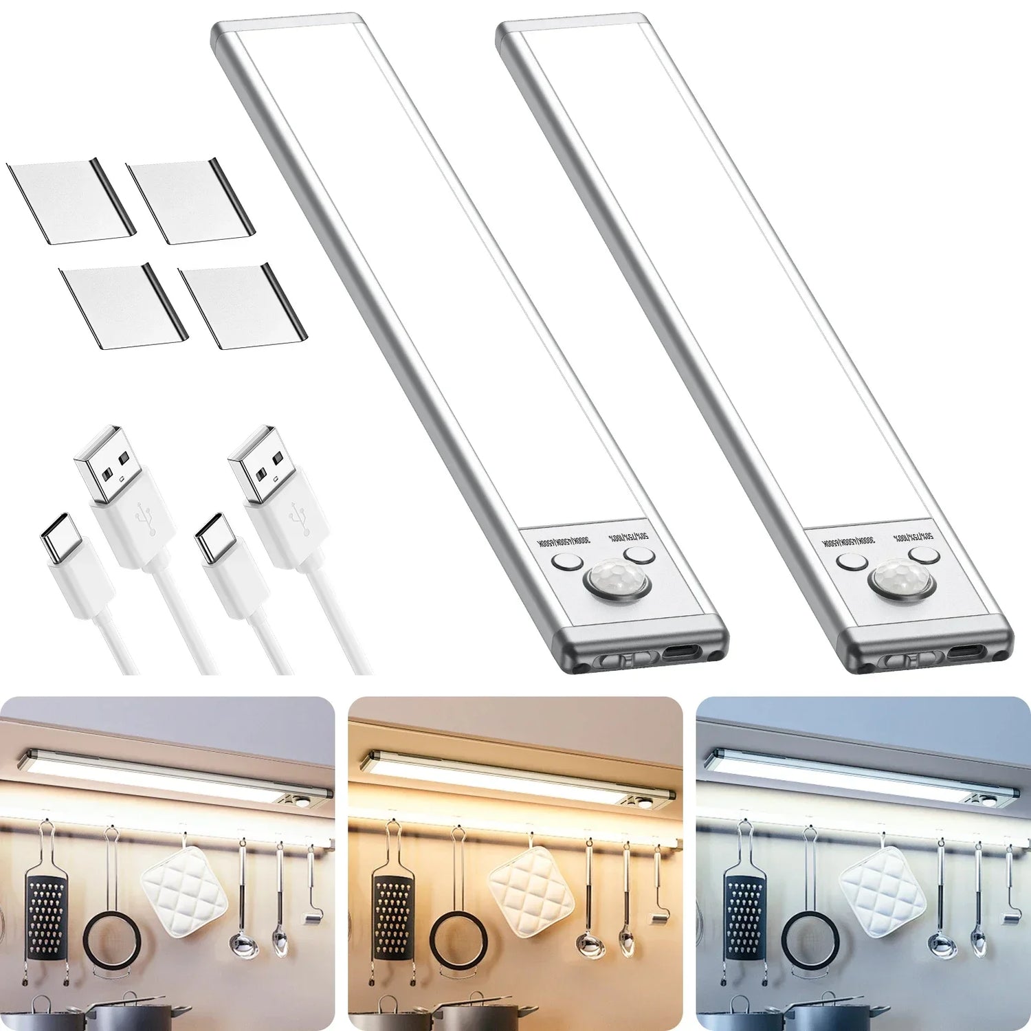 2-piece 76 LED motion sensor cabinet light set with rechargeable battery and adjustable brightness, ideal for kitchen and closet lighting.