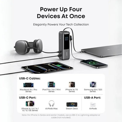 Anker Zolo 25000mAh Power Bank – 165W PD Fast Charging with Built-In Retractable Cables, Digital Display, Portable Charger for iPhone 16, MacBook, Laptops & More