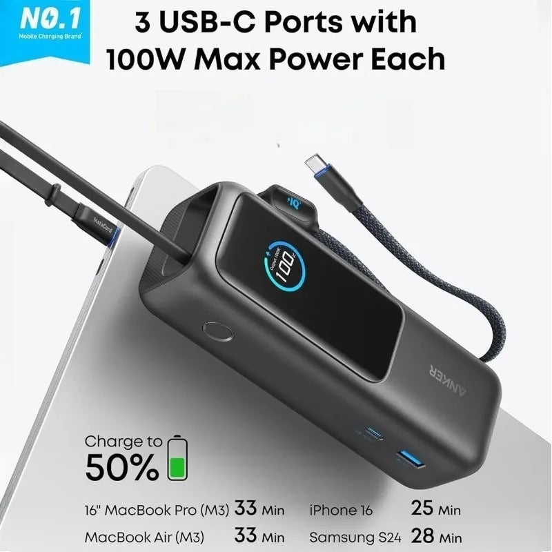 Anker Zolo 25000mAh Power Bank – 165W PD Fast Charging with Built-In Retractable Cables, Digital Display, Portable Charger for iPhone 16, MacBook, Laptops & More