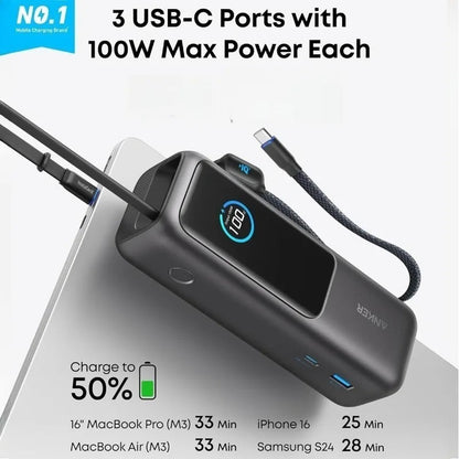 Anker Zolo 25000mAh Power Bank – 165W PD Fast Charging with Built-In Retractable Cables, Digital Display, Portable Charger for iPhone 16, MacBook, Laptops & More