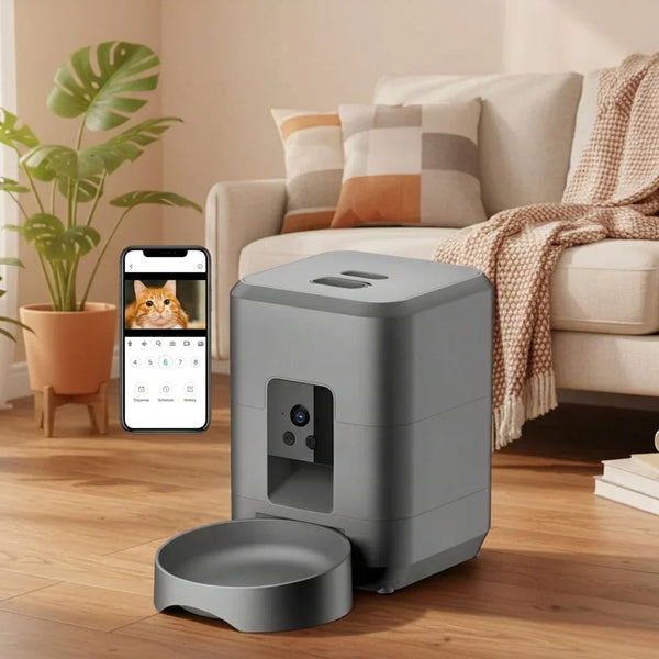 Smart automatic pet feeder with camera and smartphone control in modern living room