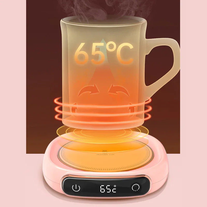 Smart mug warmer with digital display showing 65°C, heating coffee or tea for cozy, tech-enhanced drinks