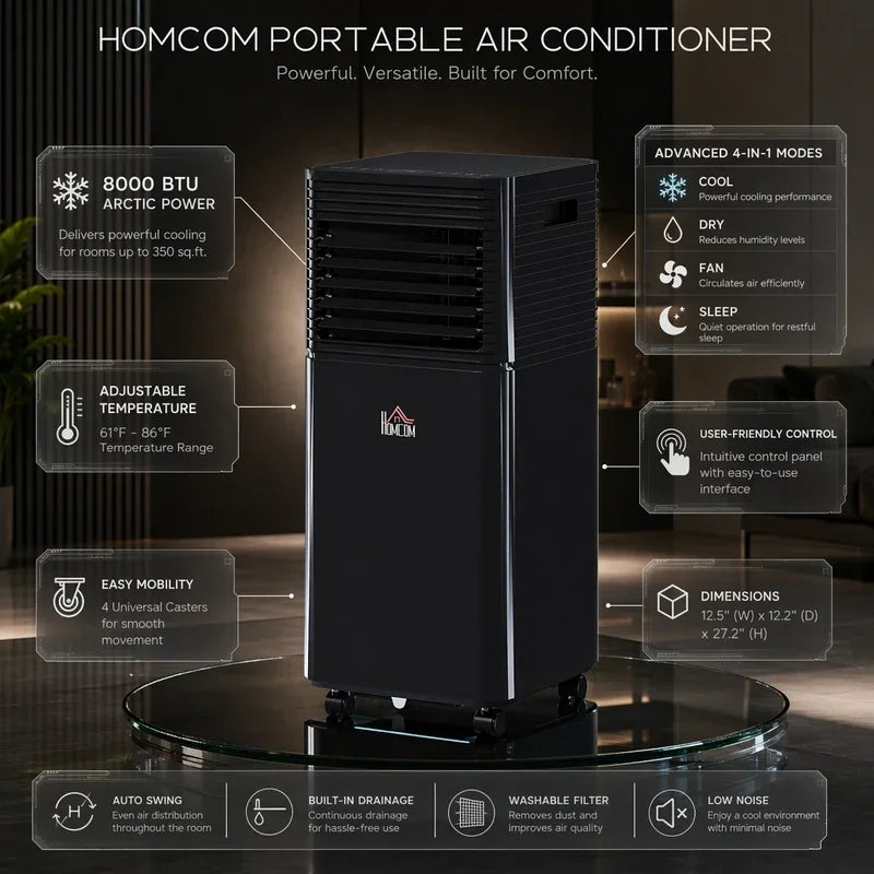 HOMCOM portable air conditioner with 8000 BTU cooling, 4-in-1 modes, and easy mobility for home comfort.