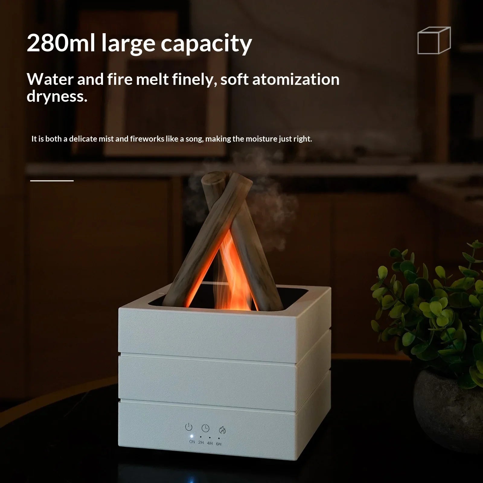 280ml smart humidifier with campfire design, soft mist, ambient lighting for home comfort