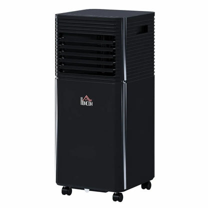 Black portable air cooler with wheels and front grille, ideal for home or office cooling