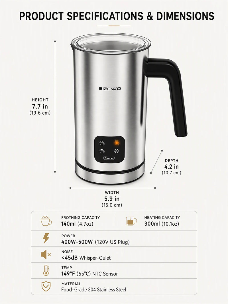 BIZEWO 4-in-1 Smart Touch Electric Milk Frother & Steamer – LED Temperature Display & Automatic Cold Foam Maker