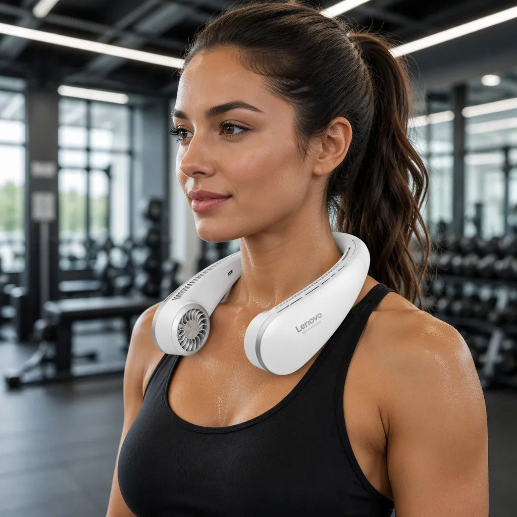 Lifestyle: Sporty woman staying fresh during a workout with white Lenovo Neck Fan