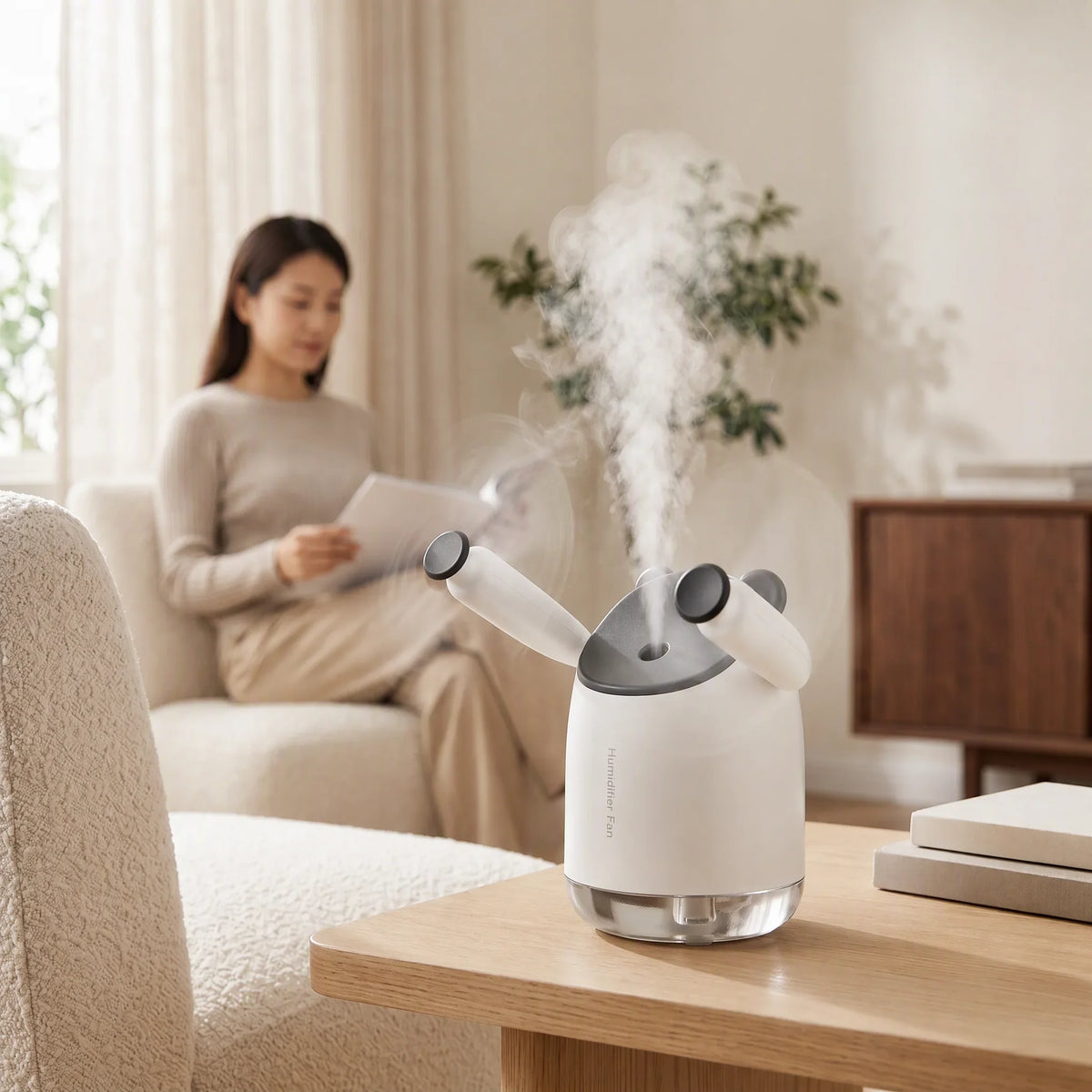 InnoDeviceHub AeroMist 2-in-1 USB Humidifier Fan emitting mist on a wooden table.