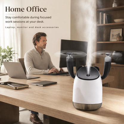 AeroMist 2-in-1 USB Humidifier Fan on a wooden desk in a home office setting.