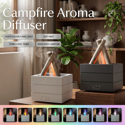 Campfire aroma diffuser with 8-color flame light, soft mist, and simulated campfire effect for cozy home ambiance.