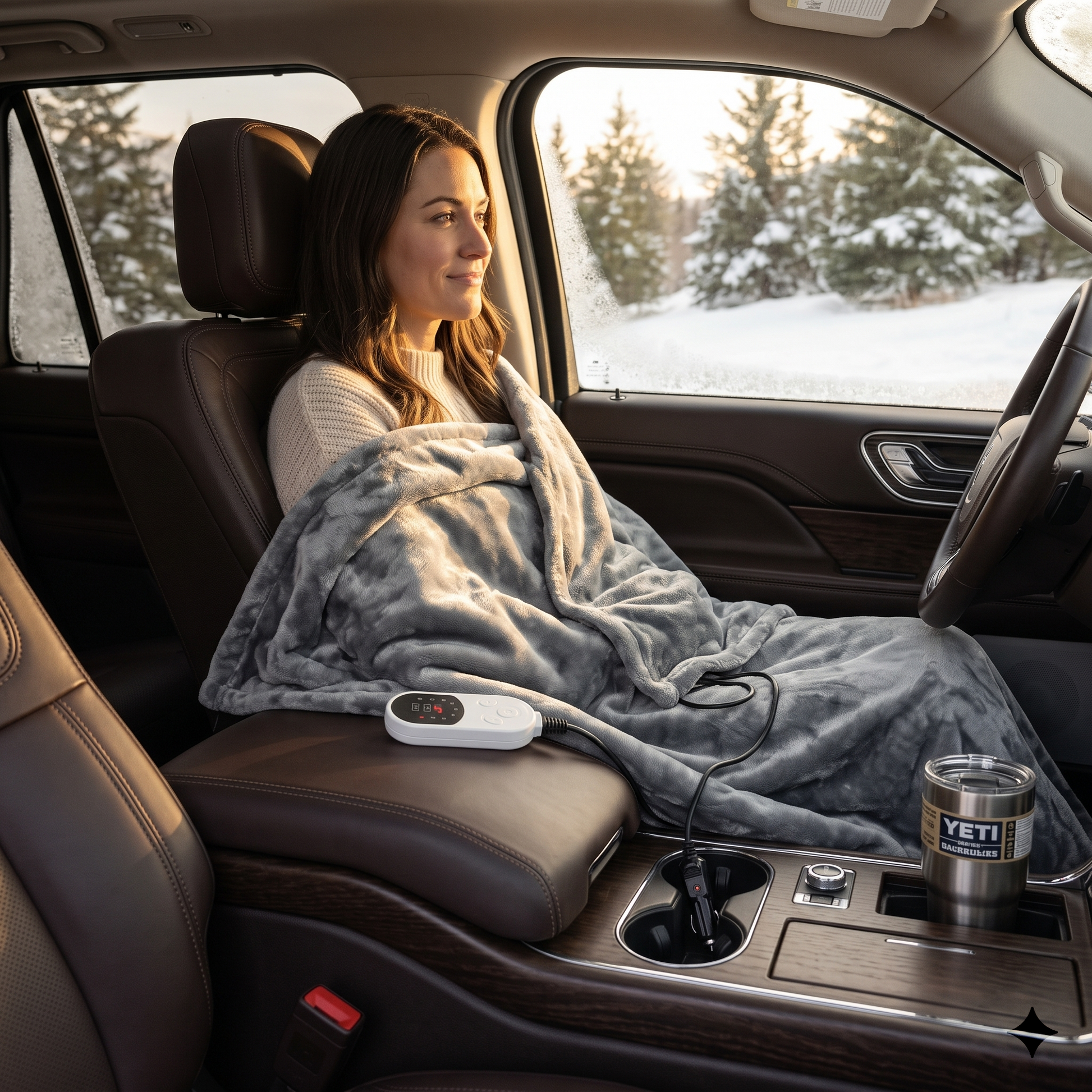 Woman relaxing in a car seat wrapped in a gray heated blanket with a digital controller.