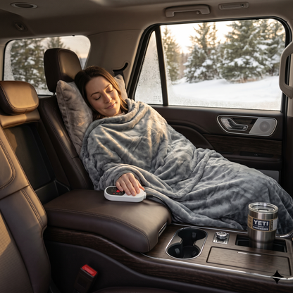 Woman sleeping in a car seat wrapped in a grey electric heated blanket during winter.