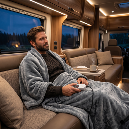 Man sitting in a camper van wrapped in a cozy grey blanket holding a remote control.