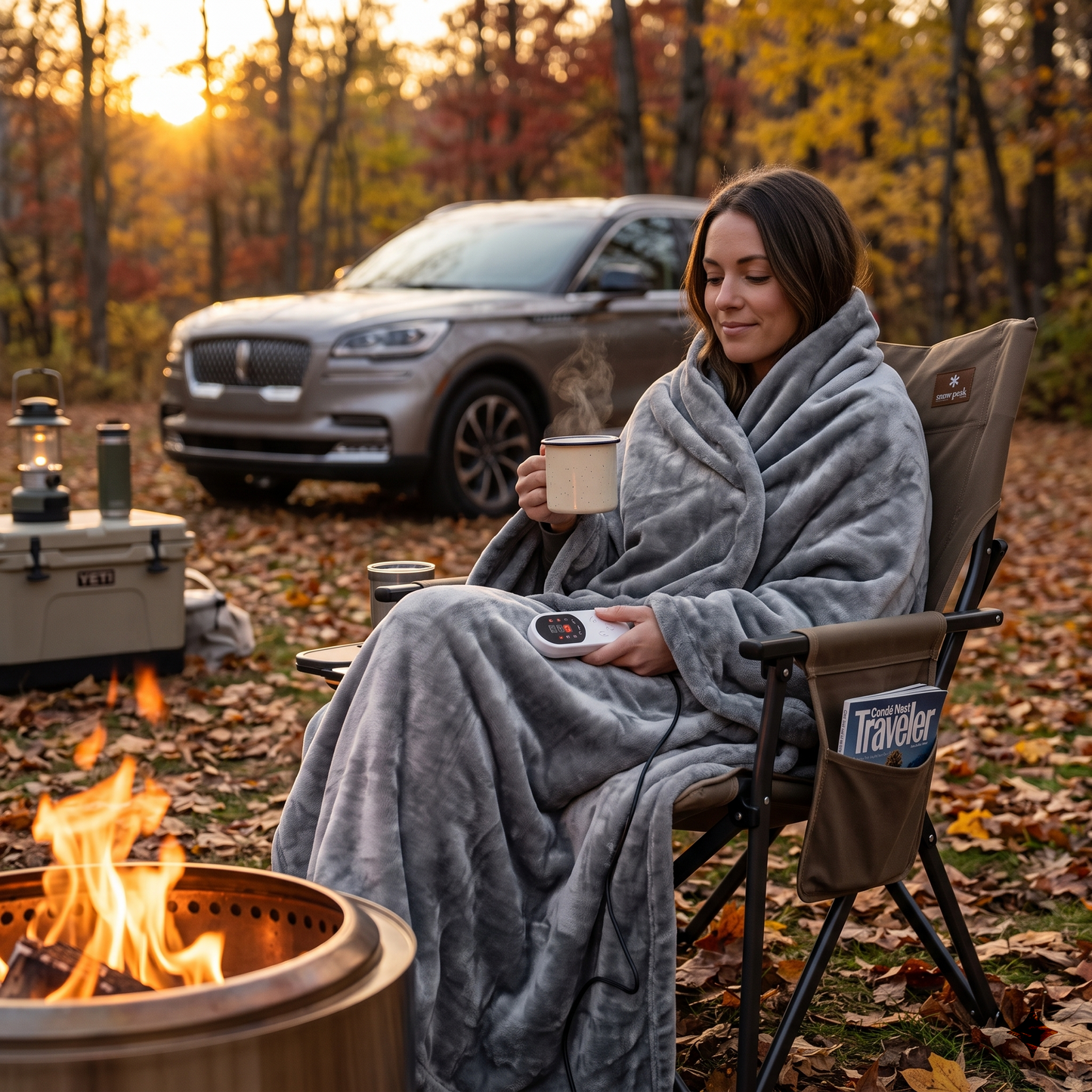Woman relaxing in a camping chair wrapped in a grey heated blanket by a campfire.