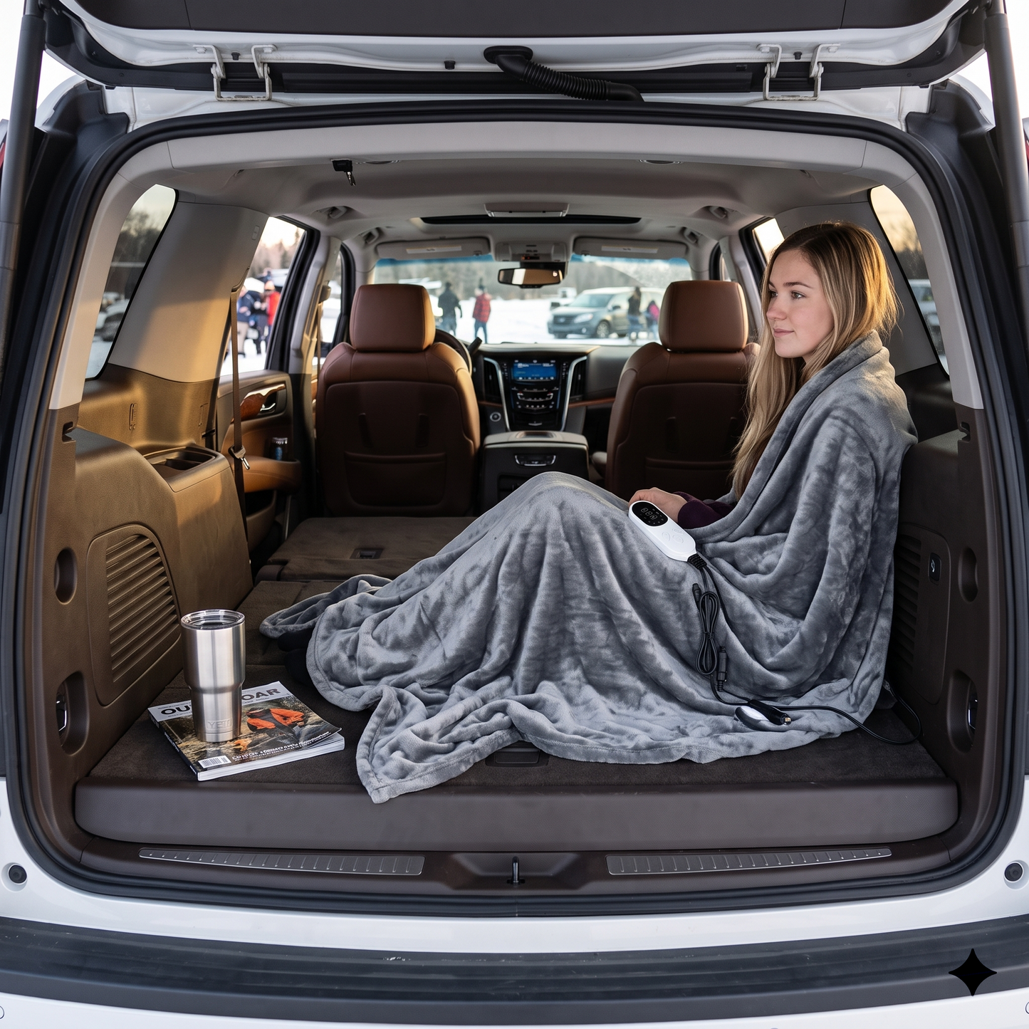 A woman wrapped in a grey electric blanket resting in the back of an SUV.