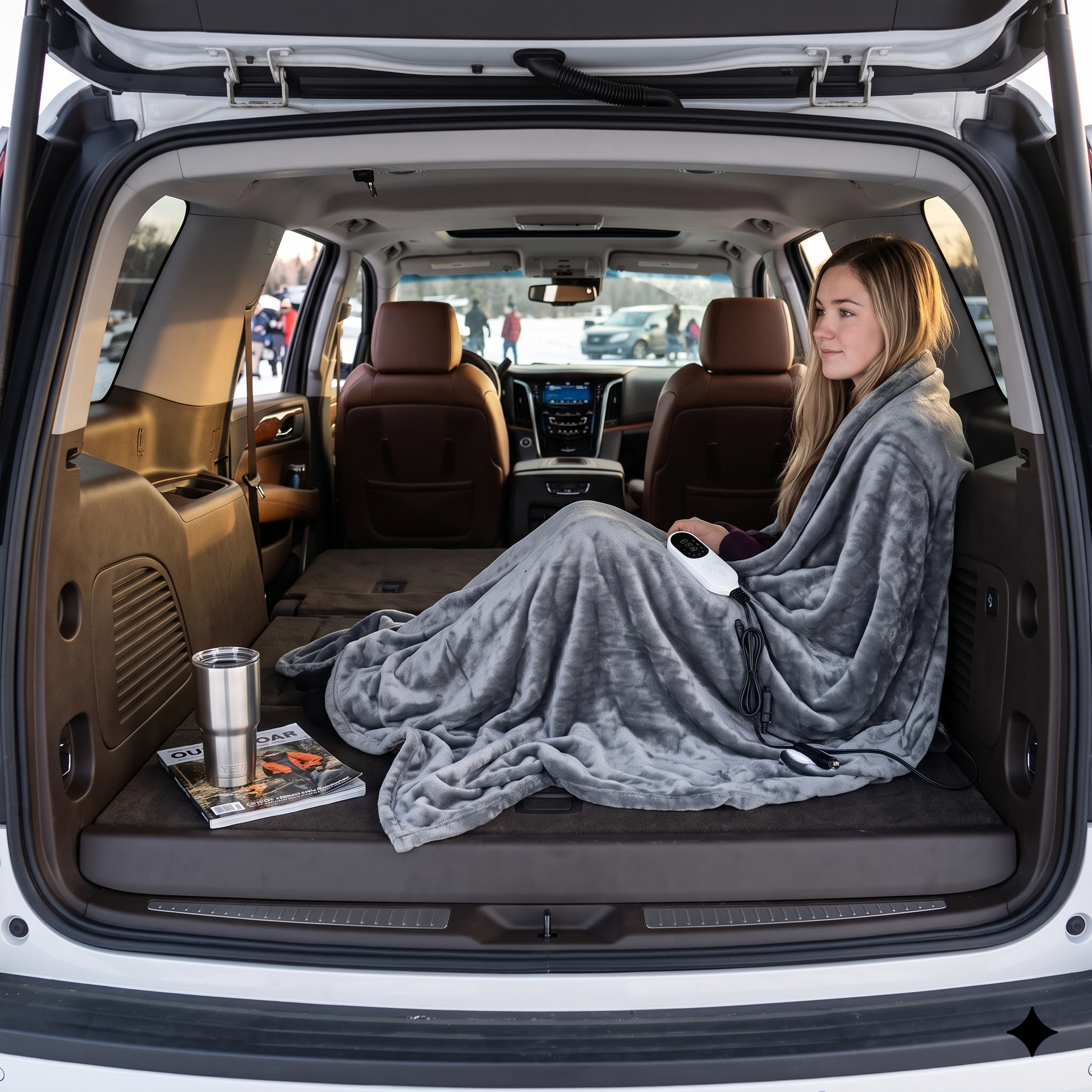 A woman wrapped in a grey electric blanket resting in the back of an SUV.