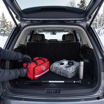 Winter car emergency kit with first aid bag, blanket, and portable power bank in a trunk.