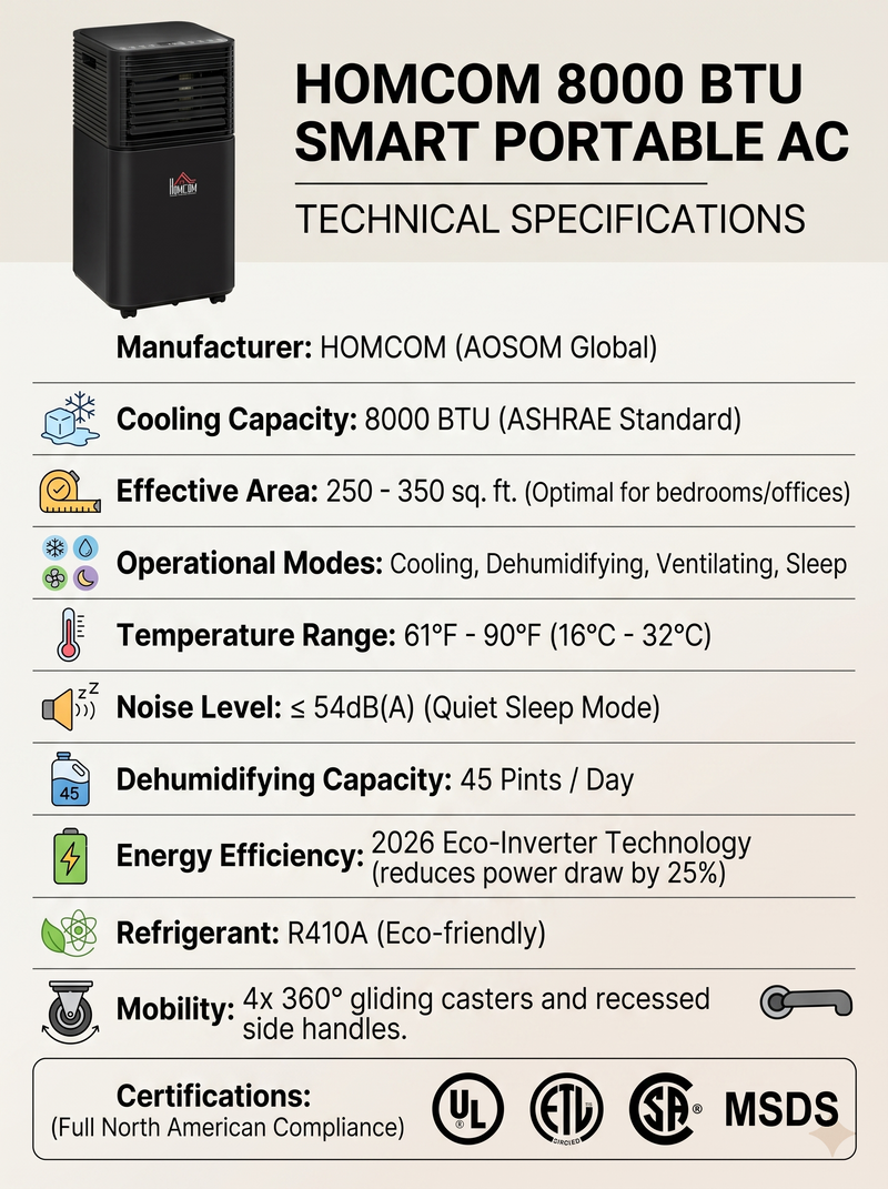 HOMCOM 8000 BTU Smart Portable AC - ArcticChill Series: 3-in-1 Cooling, Dehumidifier & Fan