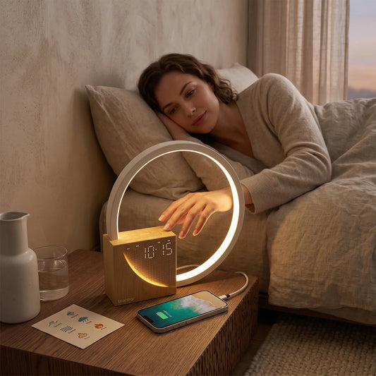 Woman using a circular LED ring light alarm clock and wireless charger on a bedside table.