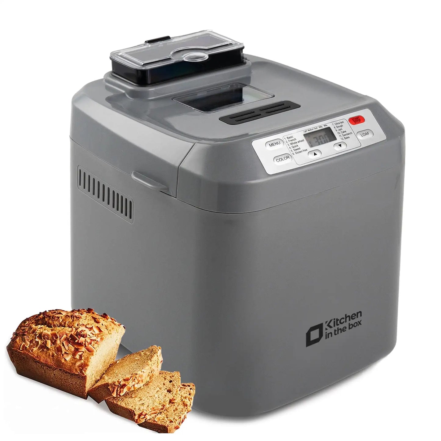 Kitchen in the Box 2lb Bread Maker with Auto Fruit Nut Dispenser, 12-in-1 Programmable Bread Machine, Gluten-Free Setting, 13H Delay Timer, Non-Stick Pan, Compact Design