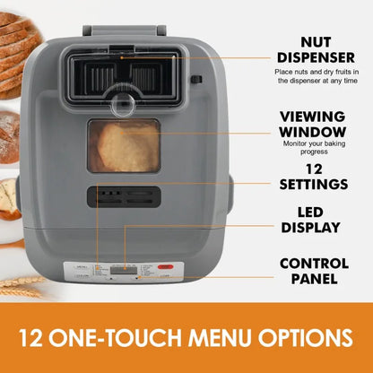 Kitchen in the Box 2lb Bread Maker with Auto Fruit Nut Dispenser, 12-in-1 Programmable Bread Machine, Gluten-Free Setting, 13H Delay Timer, Non-Stick Pan, Compact Design