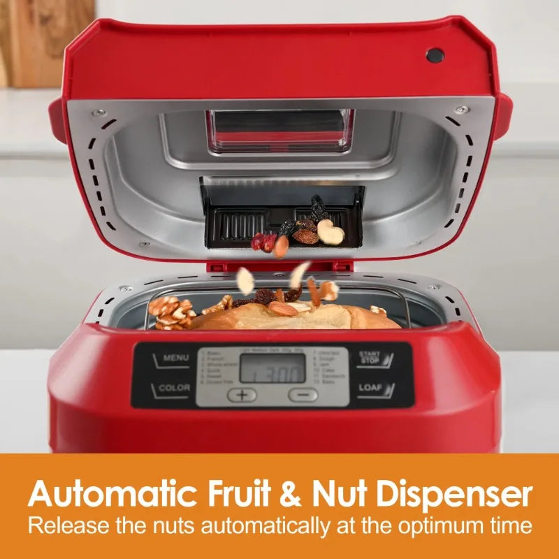 Kitchen in the Box 2lb Bread Maker with Auto Fruit Nut Dispenser, 12-in-1 Programmable Bread Machine, Gluten-Free Setting, 13H Delay Timer, Non-Stick Pan, Compact Design